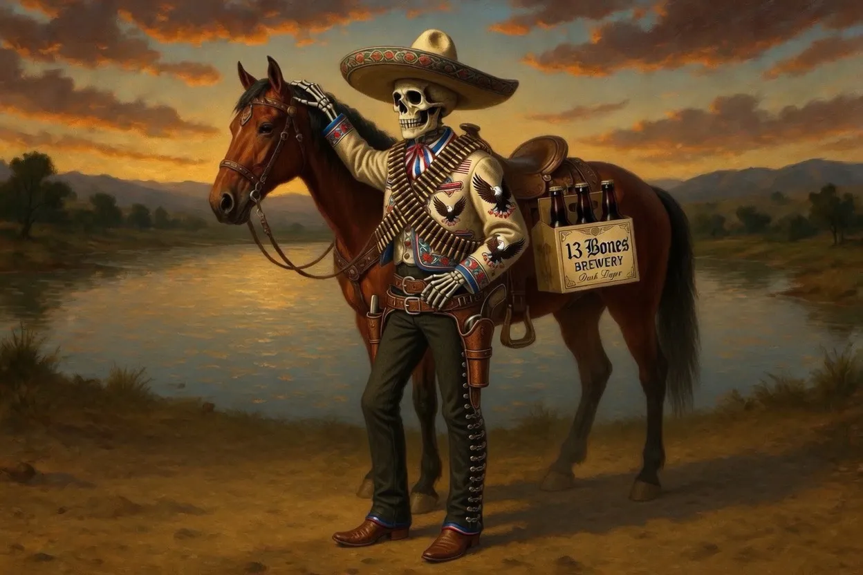 A skeleton vaquero in a sombrero and bandolier at sunset, a six-pack of 13 Bones Dark Lager in the saddle.